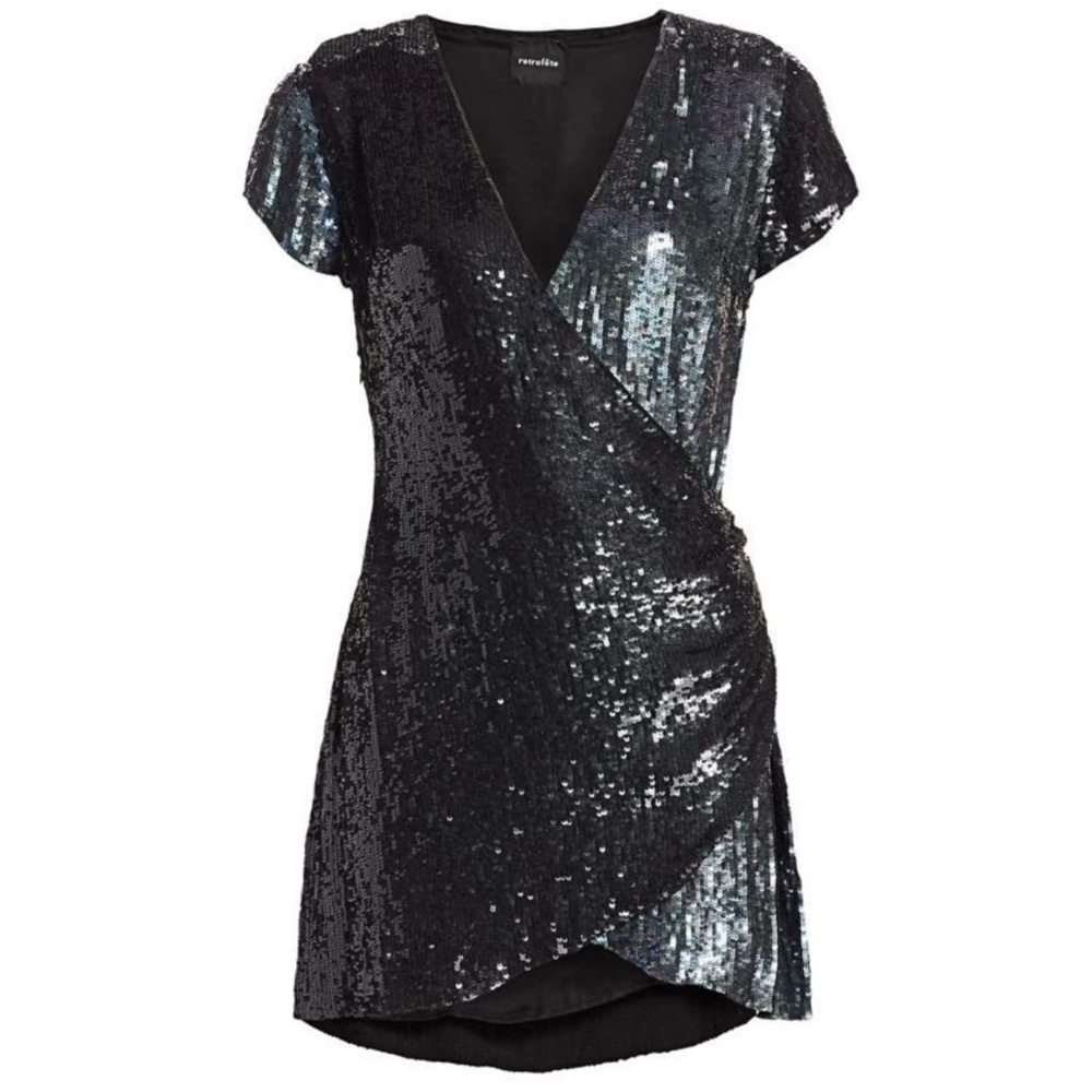 Retrofête Olya Black Sequined Mini Wrap Style Dress Size Small